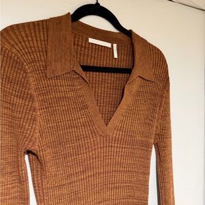 Helmut Lang Rib Long Sleeve Mini Sweater Dress in Pecan - Size L